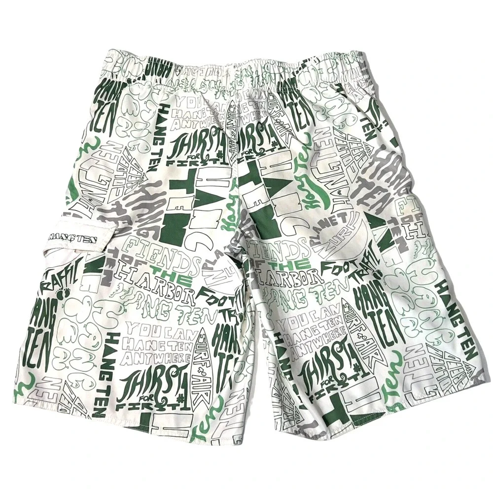 Hang Ten Board Shorts Men M‎ Graphic Print Cargo Y2K Skate Surf Green Streetwear